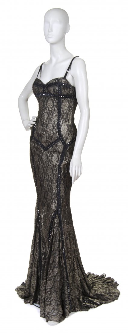 Angelo Marani, (Italian, b. 1953), Evening Gown and Coa: Angelo Marani (Italian, b. 1953) Evening Gown and Coat metallic lace and black rhinestones size 42.