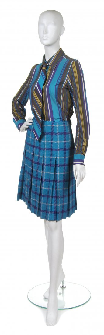 Anna Sui, (American, b. 1964), Daywear Ensemble: Anna Sui (American, b. 1964) Daywear Ensemble wool plaid skirt, silk stripe top, tie, and accompanying fur trimmed suede jacket and hood size 8.