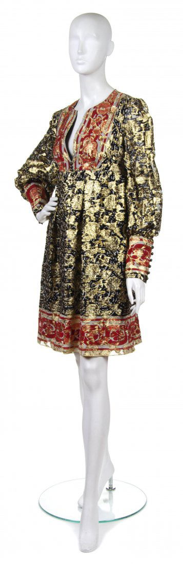 Anna Sui, (American, b. 1964), Cocktail Dress: Anna Sui (American, b. 1964) Cocktail Dress long sleeve multicolor silk chiffon with gold floral embroidery size 6.