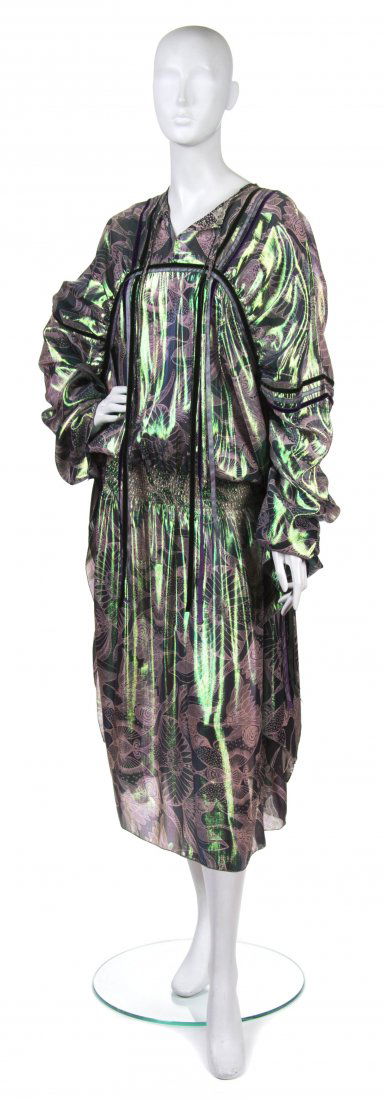 Anna Sui, (American, b. 1964), Evening Dress: Anna Sui (American, b. 1964) Evening Dress green and white metallic printed Lurex size L.