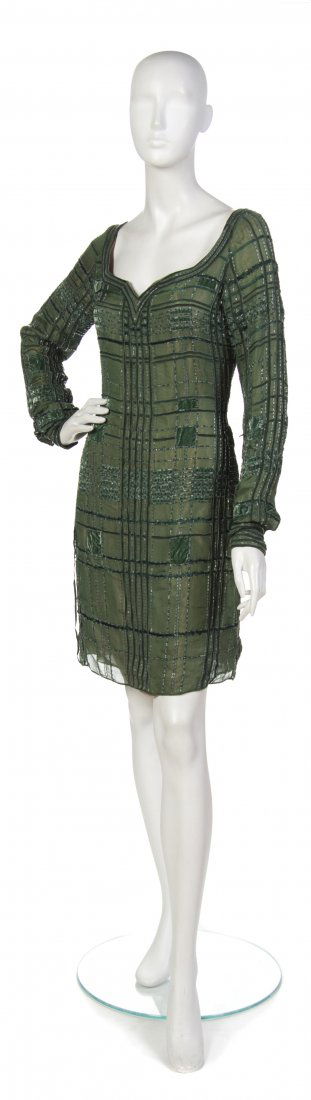 Bill Blass, (American, 1922-2002), Cocktail Dress with : Bill Blass (American, 1922-2002) Cocktail Dress with Fur Coat dark green beading size 6.