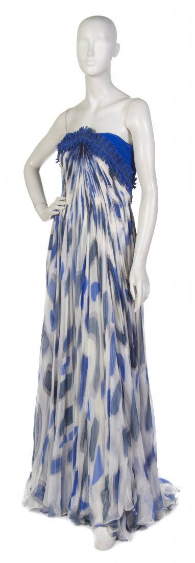 Bill Blass, (American, 1922-2002), Evening Gown: Bill Blass (American, 1922-2002) Evening Gown blue and white chiffon size 6.