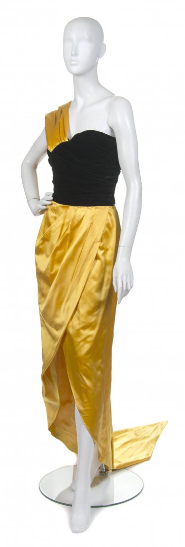Christian Dior, (French), Evening Gown: Christian Dior (French) Evening Gown yellow silk and black velvet no size.