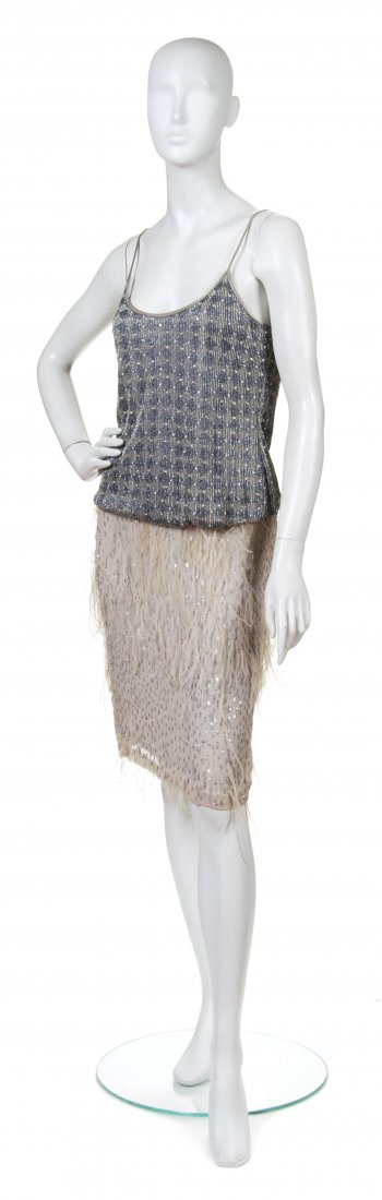 Douglas Hannant, (American), Evening Ensemble: Douglas Hannant (American) Evening Ensemble grayish blue and silver beading with nude chiffon and sequins no size.