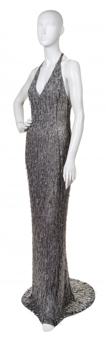 Douglas Hannant, (American), Evening Gown: Douglas Hannant (American) Evening Gown silver, black, gold and purple beading size 4.