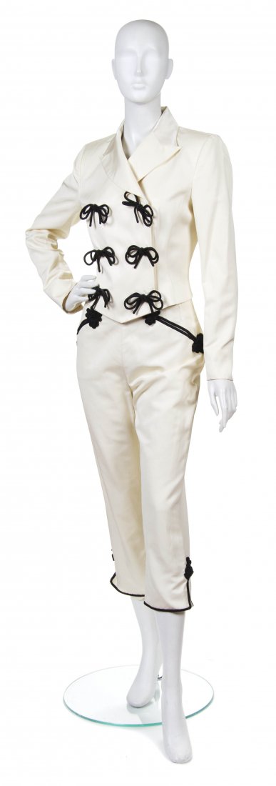 Givenchy, (French), Pant Suit: Givenchy (French) Pant Suit cream silk taffeta with black beaded chords pants size 40.