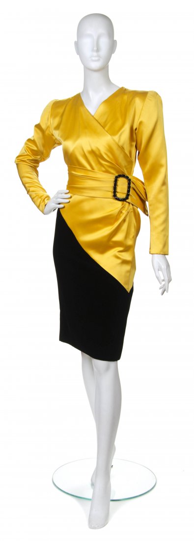 Givenchy, (French), Cocktail Dress: Givenchy (French) Cocktail Dress yellow satin and black velvet no size.