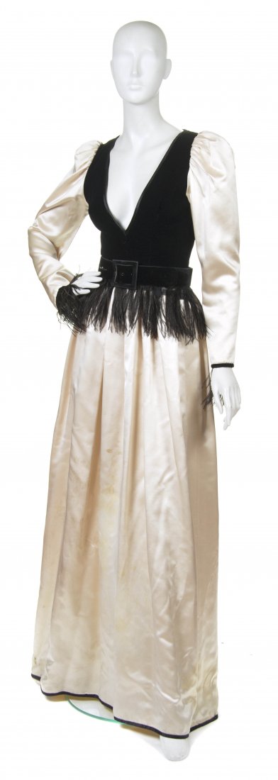 Givenchy, (French), Evening Gown: Givenchy (French) Evening Gown cream silk, black velvet with feathers size 38.