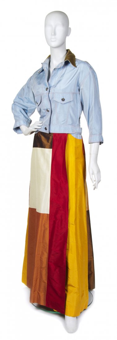 Jean Charles de Castelbajac, (Moroccan, b. 1949), Skirt: Jean Charles de Castelbajac (Moroccan, b. 1949) Skirt Ensemble light blue silk jacket, denim jeans, and a colorblock silk wrap skirt size 40.