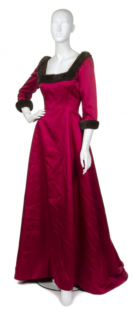 Oscar de la Renta, (Dominican/American, b. 1932), Eveni: Oscar de la Renta (Dominican/American, b. 1932) Evening Gown red silk with brown fur trim size 8.