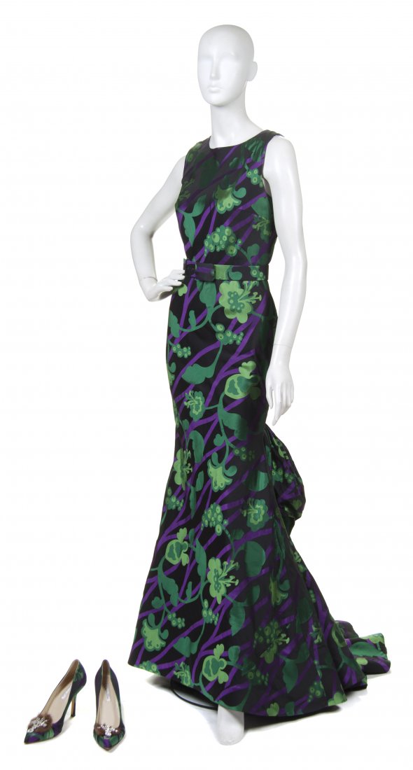 Oscar de la Renta, (Dominican/American, b. 1932), Eveni: Oscar de la Renta (Dominican/American, b. 1932) Evening Gown black, green and purple silk size 6.
