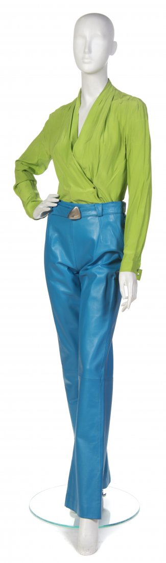 Thierry Mugler, (French, b. 1948), Pants Suit: Thierry Mugler (French, b. 1948) Pants Suit blue leather and chartreuse silk pants size 40.