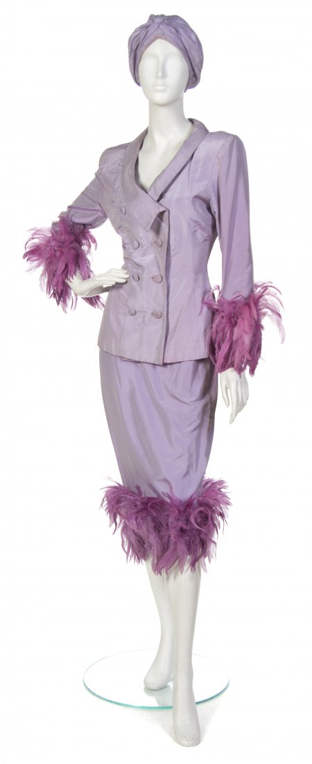 Wayne James, (Canadian, b. 1949), Skirt Suit: Wayne James (Canadian, b. 1949) Skirt Suit lavender silk and feathers no size.