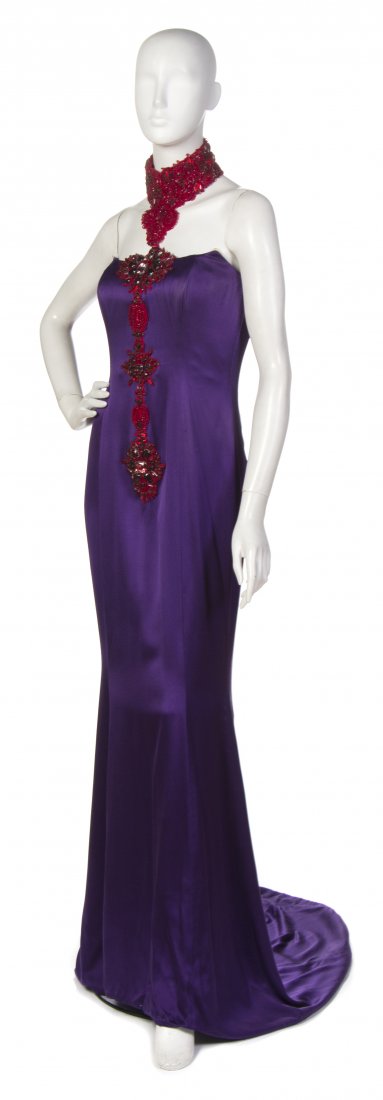 Zang Toi, (American, b. 1961), Evening Gown and Coat: Zang Toi (American, b. 1961) Evening Gown and Coat purple silk and sequins with red rhinestones size 6.
