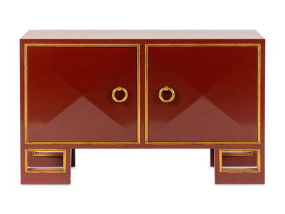 A Custom Red Lacquer and Parcel Gilt Saint Regis Cabinet: A Custom Red Lacquer and Parcel Gilt Saint Regis Cabinet Truex Furniture Co., 20th Century Height 32 x height 51 1/2 x depth 15 inches. This lot is located in Chi