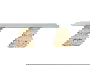 A Glass-Top Dining Table with Dual Composition Pedestal Base