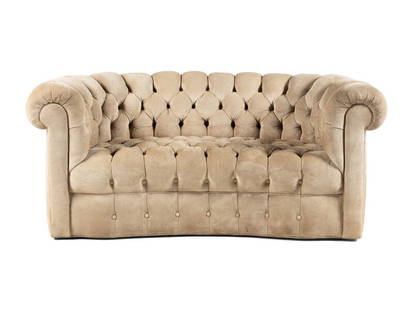 A Contemporary Suede-Upholstered Button-Tufted Chesterfield Sofa: A Contemporary Suede-Upholstered Button-Tufted Chesterfield Sofa 20th Century Height 30 x width 86 x depth 36 inches. This lot is located in Chicago.