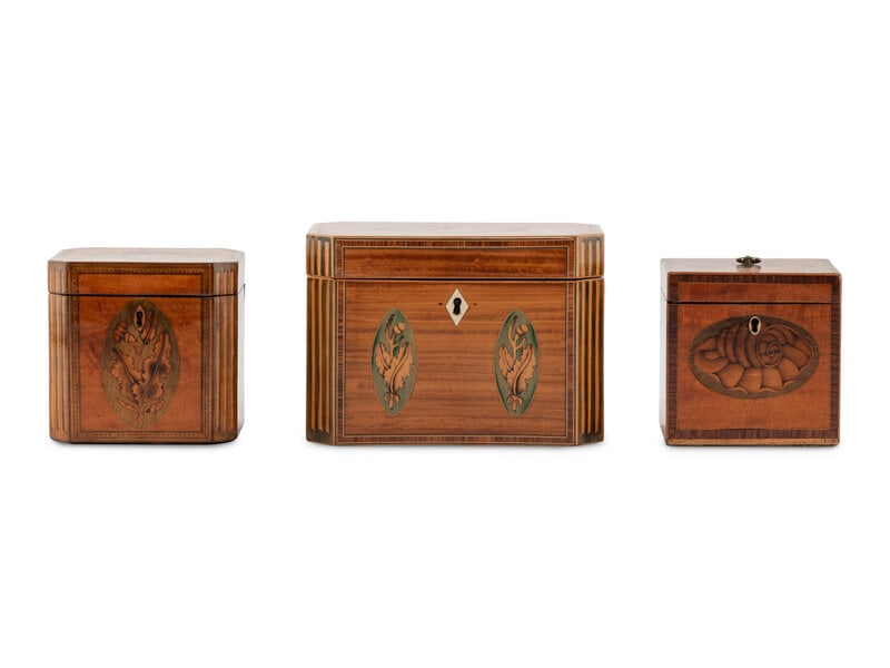A Group of Three George III Harewood and Marquetry Tea Caddies (1 of 13)