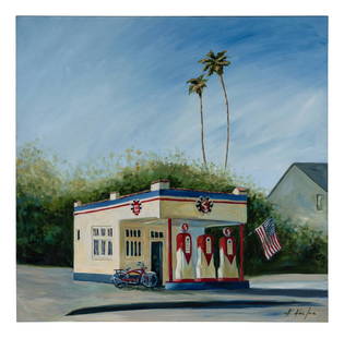 American School
(20th/21st century)
Canyon Station with a 1955 Schwinn Red Cruiser, 2003: American School (20th/21st century) Canyon Station with a 1955 Schwinn Red Cruiser, 2003 oil on canvas signed (lower right); signed and dated (verso) 36 x 36 inches. This lot is locate