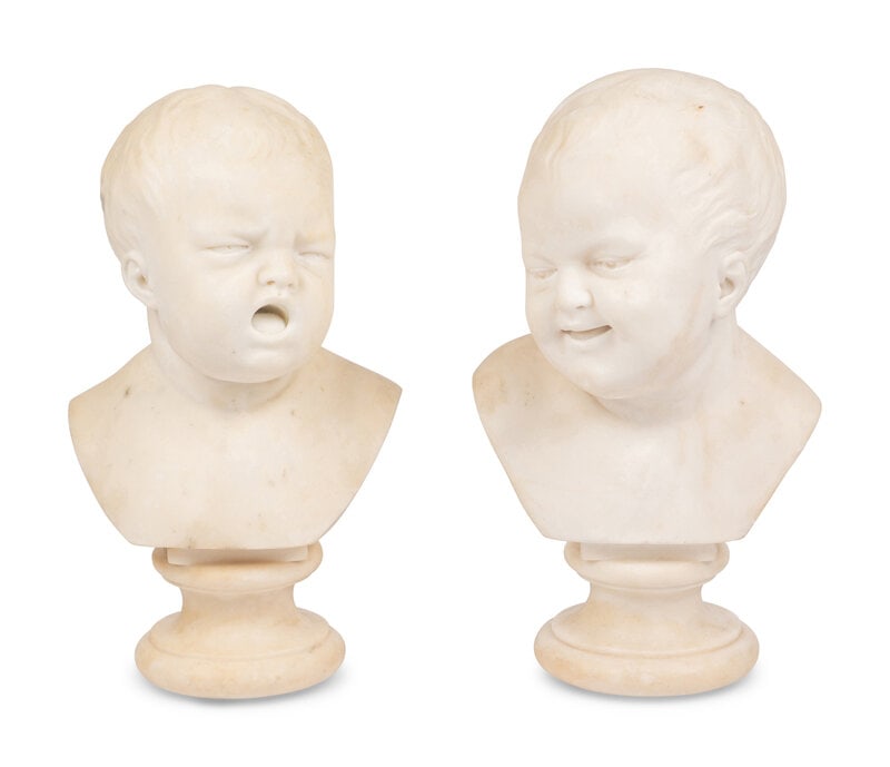 A Pair of Continental Allegorical Marble Busts: A Pair of Continental Allegorical Marble Busts 19th Century depicting comedy and tragedy. Height 14 1/2 x width 8 1/2 inches. Property from a Private Collection, Philadelphia<