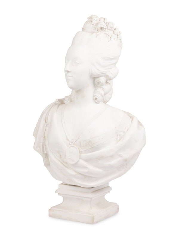 A Parianware Bust of Marie Antoinette: A Parianware Bust of Marie Antoinette 19th/20th Century Height 27 1/2 inches. Property from the Historic Dr. John McLean House, Pullman, Chicago This lot is located in