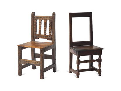 Two Continental Walnut Side Chairs: Two Continental Walnut Side Chairs 17th Century comprising a French and Spanish example. Height of largest 32 3/4 x&nbsp;width 14 3/8 x depth 15 3/4 inches. Property From the E