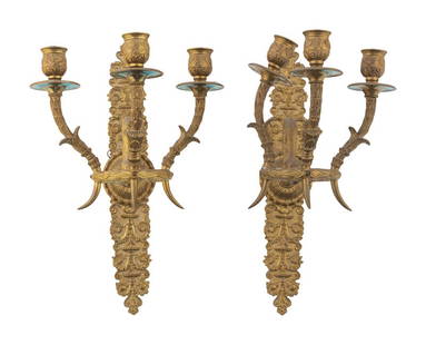 A Pair of Empire Style Gilt Bronze Three-Light Sconces: A Pair of Empire Style Gilt Bronze Three-Light Sconces 20th Century Height 14 x width 7 1/2 x depth 10 inches. This lot is located in Chicago. Condition</