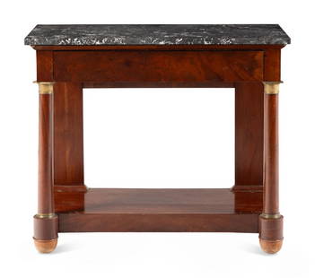 An Empire Style Gilt Bronze Mounted Mahogany Marble-Top Pier Table: An Empire Style Gilt Bronze Mounted Mahogany Marble-Top Pier Table 19th Century Height 33 1/2 x width 39 1/4 x depth 18 1/4 inches. This lot is located in Chicago.