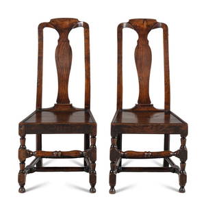 A Pair of Queen Anne Oak 'Solid Seat' Side Chairs: A Pair of Queen Anne Oak 'Solid Seat' Side Chairs Early 18th Century Height 43 1/2 x width 20 x depth 19 inches. Property from the Charlecote Antique Store, Kansas City, Missouri
