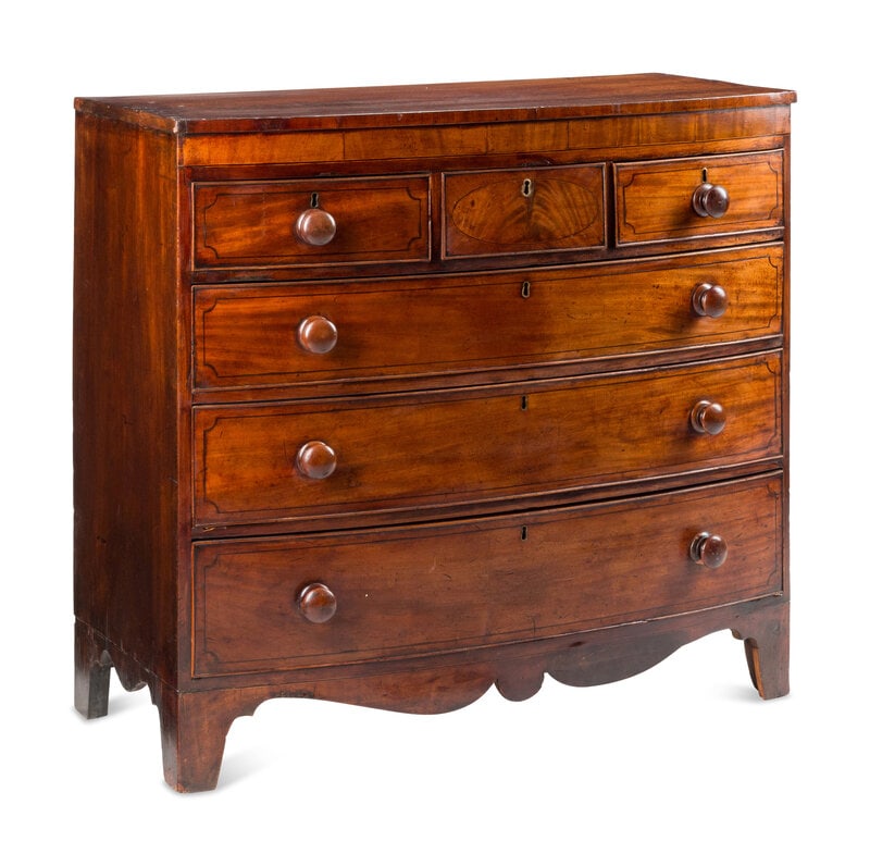 A George III Mahogany Bowfront Chest of Drawers: A George III Mahogany Bowfront Chest of Drawers 18th Century Height 41 1/2 x width 45 1/2 x depth 21 inches. This lot is located in Cincinnati.