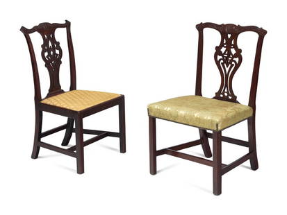 Two George III Carved Mahogany Side Chairs: Two George III Carved Mahogany Side Chairs Circa 1760-1780 each with damask upholstered seats. Height 38 1/4 inches x width 22 inches x depth 20 inches. Property from a Private