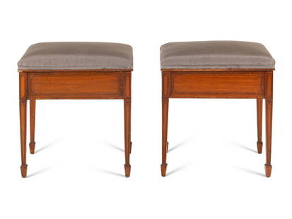 A Pair of George III Mahogany and Penwork Stools: A Pair of George III Mahogany and Penwork Stools 19th Century each seat hinged and opening to an interior compartment. Height 20 x width 18 x depth 14 inches. Property from a