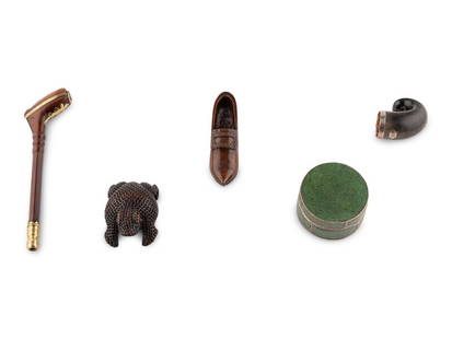 A Group of English and Scottish Snuff Containers: A Group of English and Scottish Snuff Containers 18th/19th Century comprising a snuff mulls, a frog-form treen snuff box, a treen shoe-form snuff box and an example in the form of a pipe, together wit