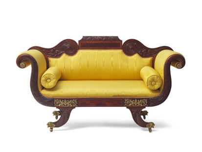 A Classical Style Brass-Mounted Mahogany Sofa: A Classical Style Brass-Mounted Mahogany Sofa Lawsonia Manufacturing Co., Philadelphia, Pennsylvania, Circa 1990 upholstered in yellow moire silk. Height 36 x width 65 x depth 23 inches. <