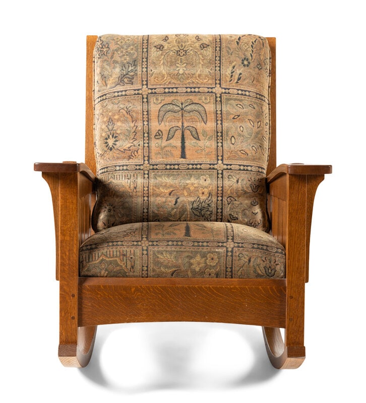 L. and J.G Stickley Inc. Late 20th Century Arts and Crafts Style Oak Rocking Chair : L. and J.G Stickley Inc. Late 20th Century Arts and Crafts Style Oak Rocking Chair with metal tag and burned mark to underside. Height 39 x width 33 x depth 37 inches. This lot is located in