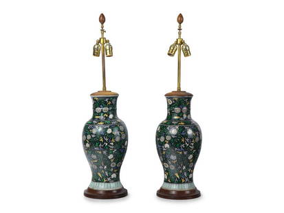 A Pair of Chinese Export Porcelain Famille-Noire Vases Mounted as Lamps: A Pair of Chinese Export Porcelain Famille-Noire Vases Mounted as Lamps 19th / 20th Century bearing red-painted accession number, "69.160." Height 32 inches (overall), 16 5/8 inches (vase only)