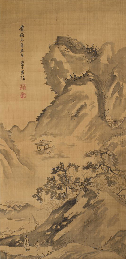 A Chinese Scroll Painting, After Wang Meng (1309-1385),: A Chinese Scroll Painting, After Wang Meng (1309-1385), ink on silk, depicting figures in a mountain landscape, with a house shrouded in mist, bearing calligraphic inscription and signed with two seal