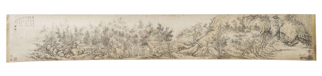 A Chinese Handscroll, After Wang Hui (1632-1717), Heigh: A Chinese Handscroll, After Wang Hui (1632-1717), ink and color on paper, depicting figures at various pursuits in a sylvan landscape, having poetic inscription and signed Wang Hui with two seals, eac