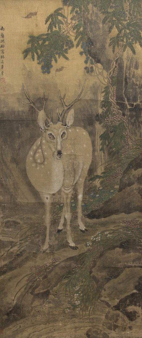 A Chinese Painting on Silk of a Spotted Deer, Attribute: A Chinese Painting on Silk of a Spotted Deer, Attributed to Nanpin Shen (1682-1758), the deer depicted atop a rocky ledge having a rolled paper tied to his antler, with two bats flying above and surro