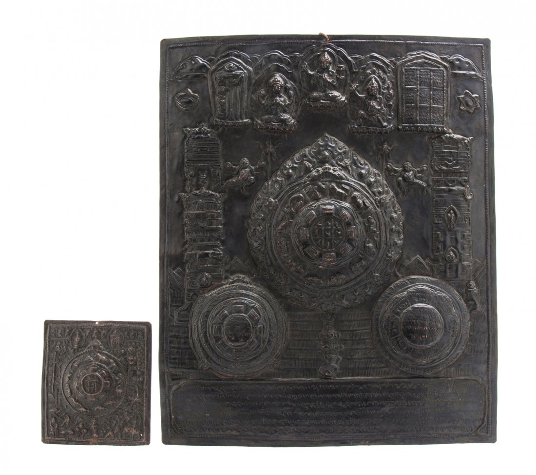 Two Tibetan or Mongolian Metal Relief Plaques, Larger: : Two Tibetan or Mongolian Metal Relief Plaques, each of rectangular size depicting various deities. Larger: 14 3/8 x 11 3/4 inches. Property from the Collection of John J. Lanzendorf, Chicago, Illinois