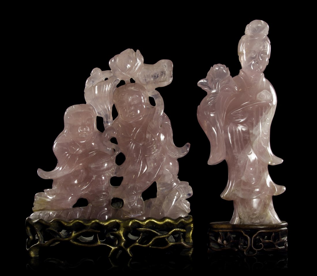 Two Chinese Carved Rose Quartz Figures, Height of talle: Two Chinese Carved Rose Quartz Figures, one depicting Guanyin bearing a ruyi scepter and a lotus blossom, the second depicting two figures bearing lotus blossoms, buds and lily pads and with a bat fly
