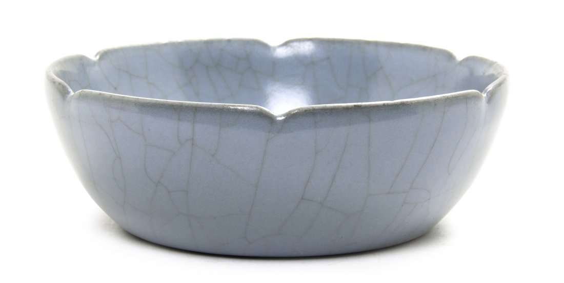A Robin's Egg Blue Glazed Brushwasher, Height 1 11/16 x: A Robin's Egg Blue Glazed Brushwasher, of circular form having scalloped rim, bearing a six-character Qianlong mark to the underside. Height 1 11/16 x diameter 4 11/16 inches.