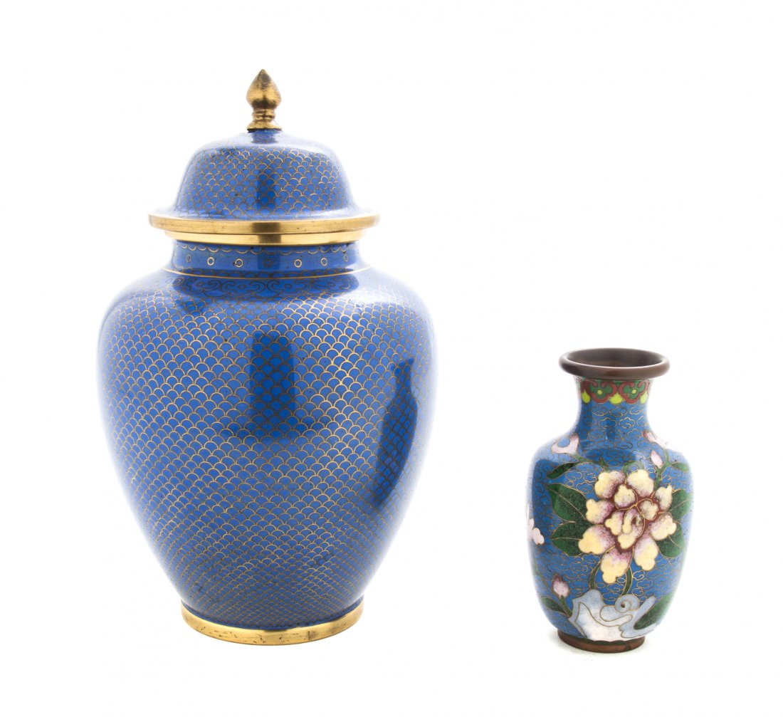 A Chinese Cloisonne Enamel Covered Ginger Jar, Height 8: A Chinese Cloisonne Enamel Covered Ginger Jar, together with a baluster form vase. Height 8 1/4 inches.