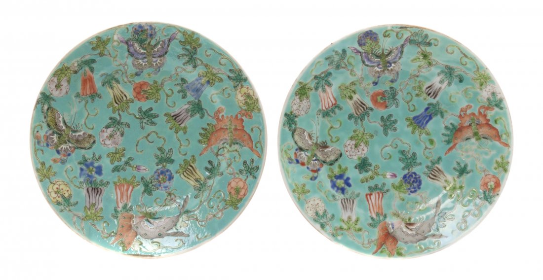A Pair of Chinese Enameled Porcelain Plates, Diameter 6: A Pair of Chinese Enameled Porcelain Plates, having butterfly and Buddha's hand citron decoration on a turquoise ground, with six-character Jiaqing reign marks to the undersides. Diameter 6 7/8 inches