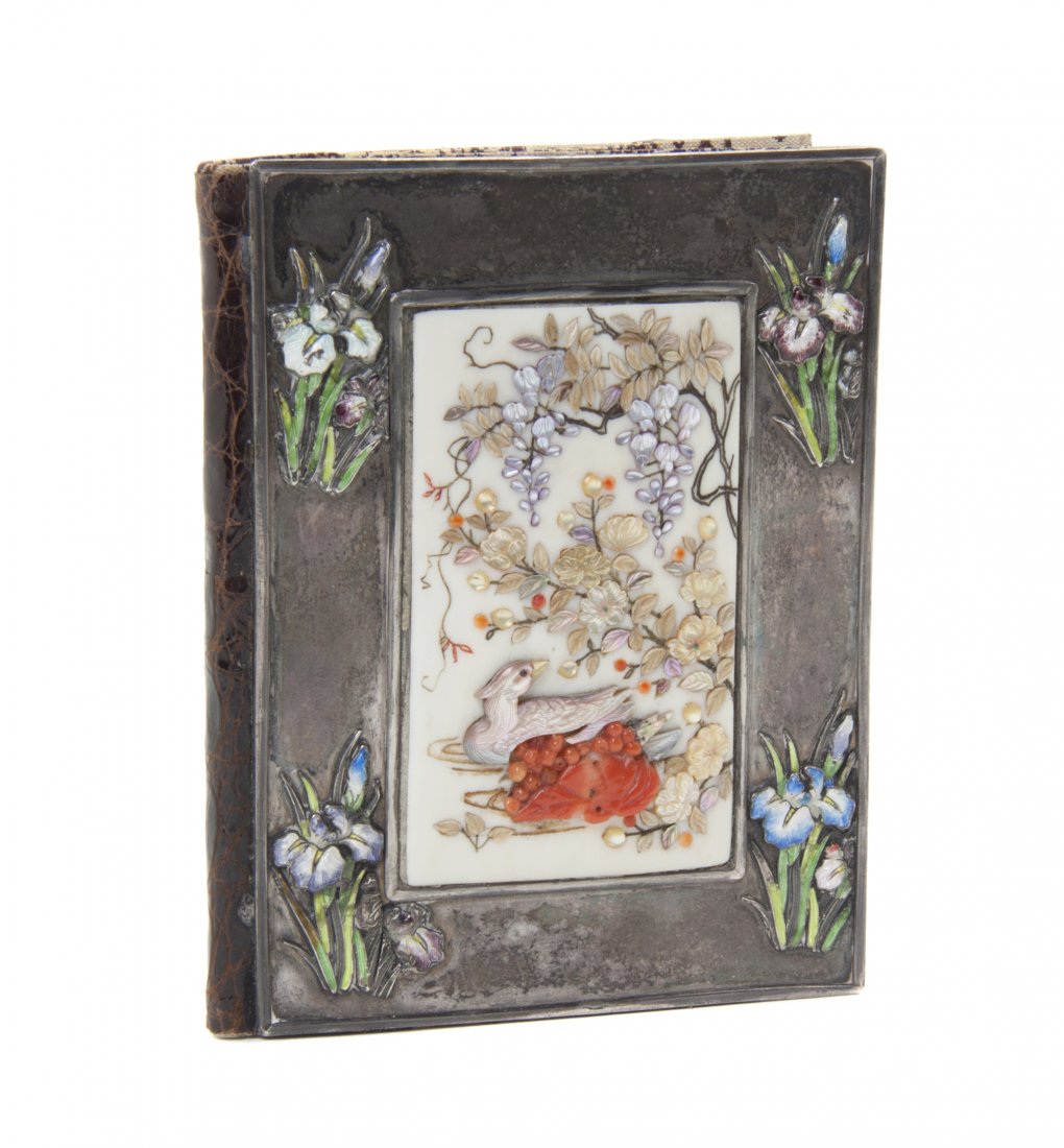 A Japanese Silver Shibayama Style Card Case, Height 3 5: A Japanese Silver Shibayama Style Card Case, the exterior having an inlaid ivory panel having mother-of-pearl and coral decoration within the silver border with enamel decoration depicting irises, the