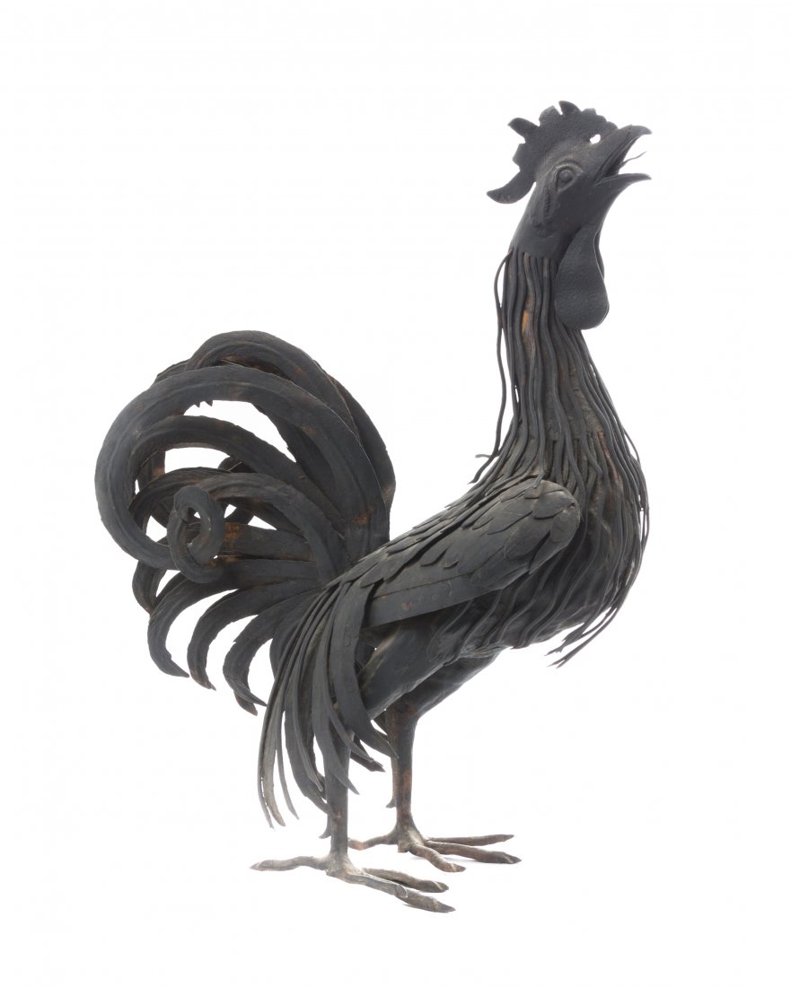 A Japanese Metal Figure of a Rooster, Height 17 inches.: A Japanese Metal Figure of a Rooster, depicted standing and crowing, the tail feathers and plumage articulated throughout. Height 17 inches.
