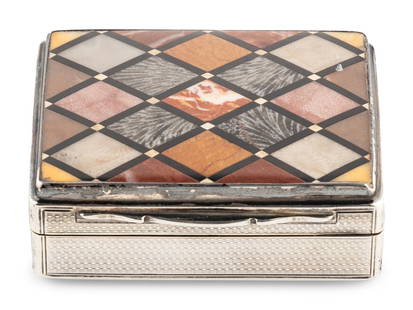 A Victorian Silver and Specimen-Marble Inset Presentation Snuff Box: A Victorian Silver and Specimen-Marble Inset Presentation Snuff Box William Phillips, London, 1854 the specimen marble lid opening to a vacant interior, the sides and underside with engine-turned deco
