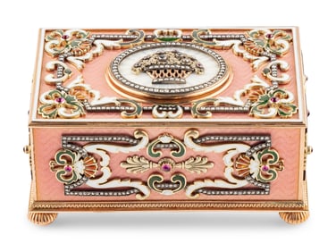 A Continental Gold, Enamel and Jewel-Inset Singing Bird Automaton Box