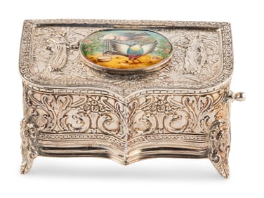 A German Silver and Enamel Singing Bird Automaton Box