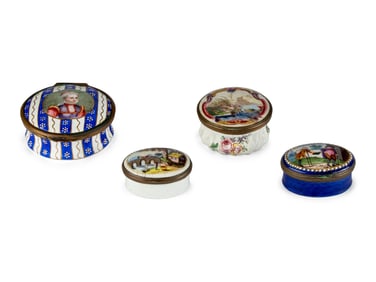 Four Continental and Staffordshire Enamel Snuff Boxes